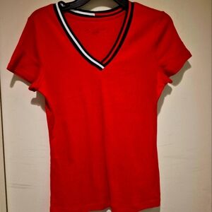 Red V-Neck T-Shirt with Striped Collar , Also Have It In Size Large